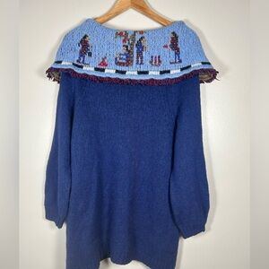 Stella Jean Blue Alpaca Knit Maxi Sweater with detailed human figures Design